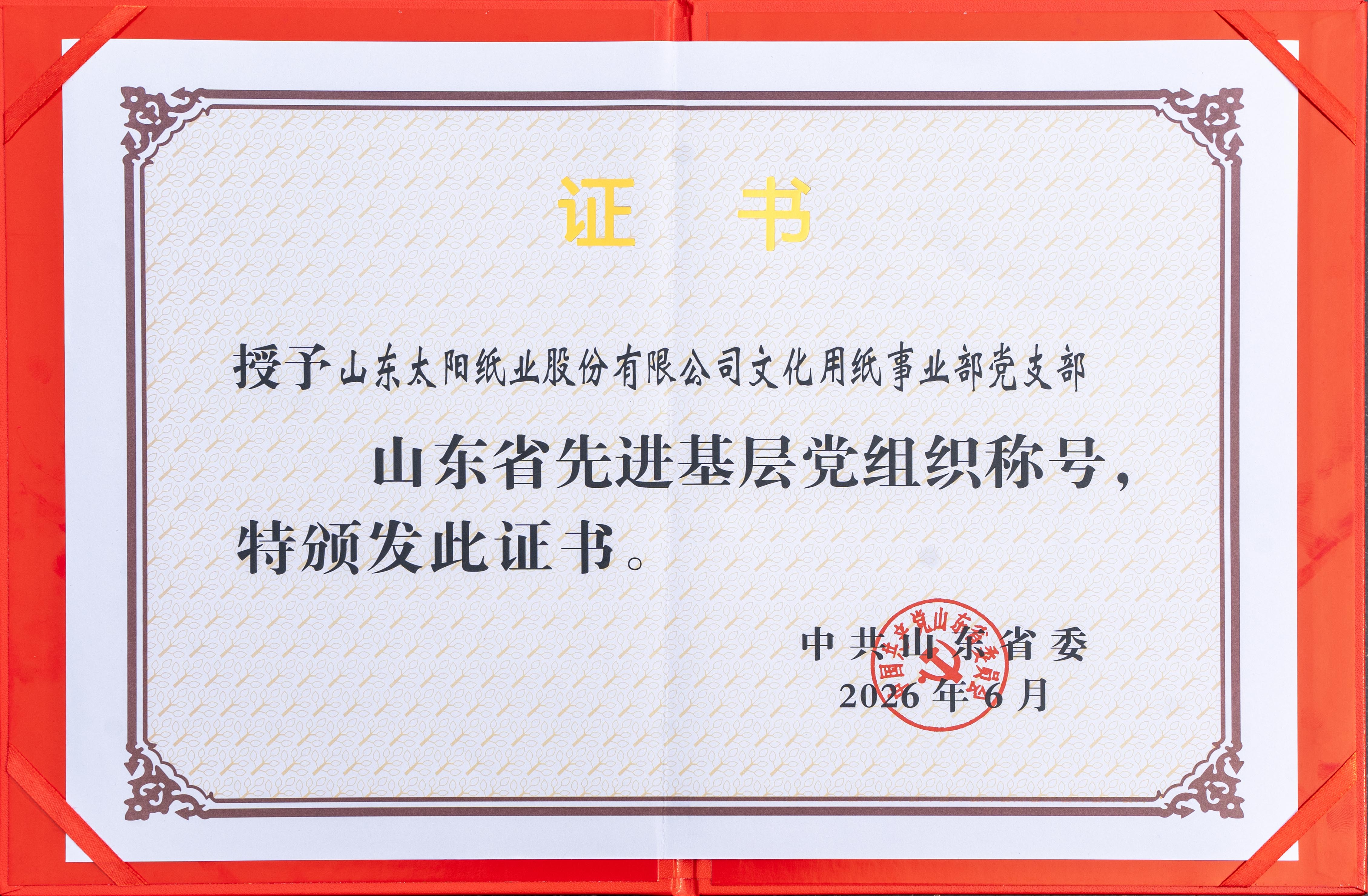 2026.6山东雅博app官方入口股份有限公司文化用纸事业部党支部荣获“山东省先进基层党组织”证书.jpg